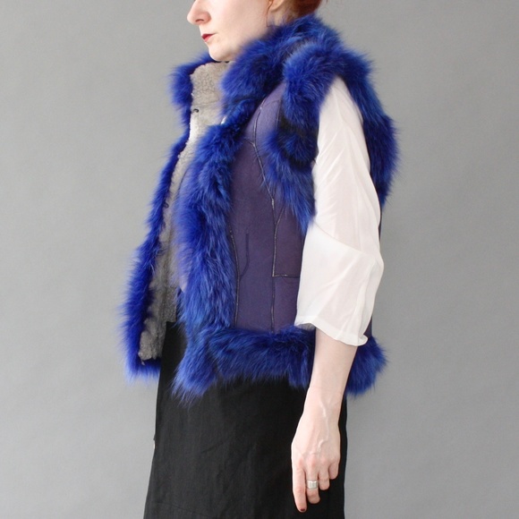 Jackets & Blazers - Vtg blue leather shearling patchwork fur vest